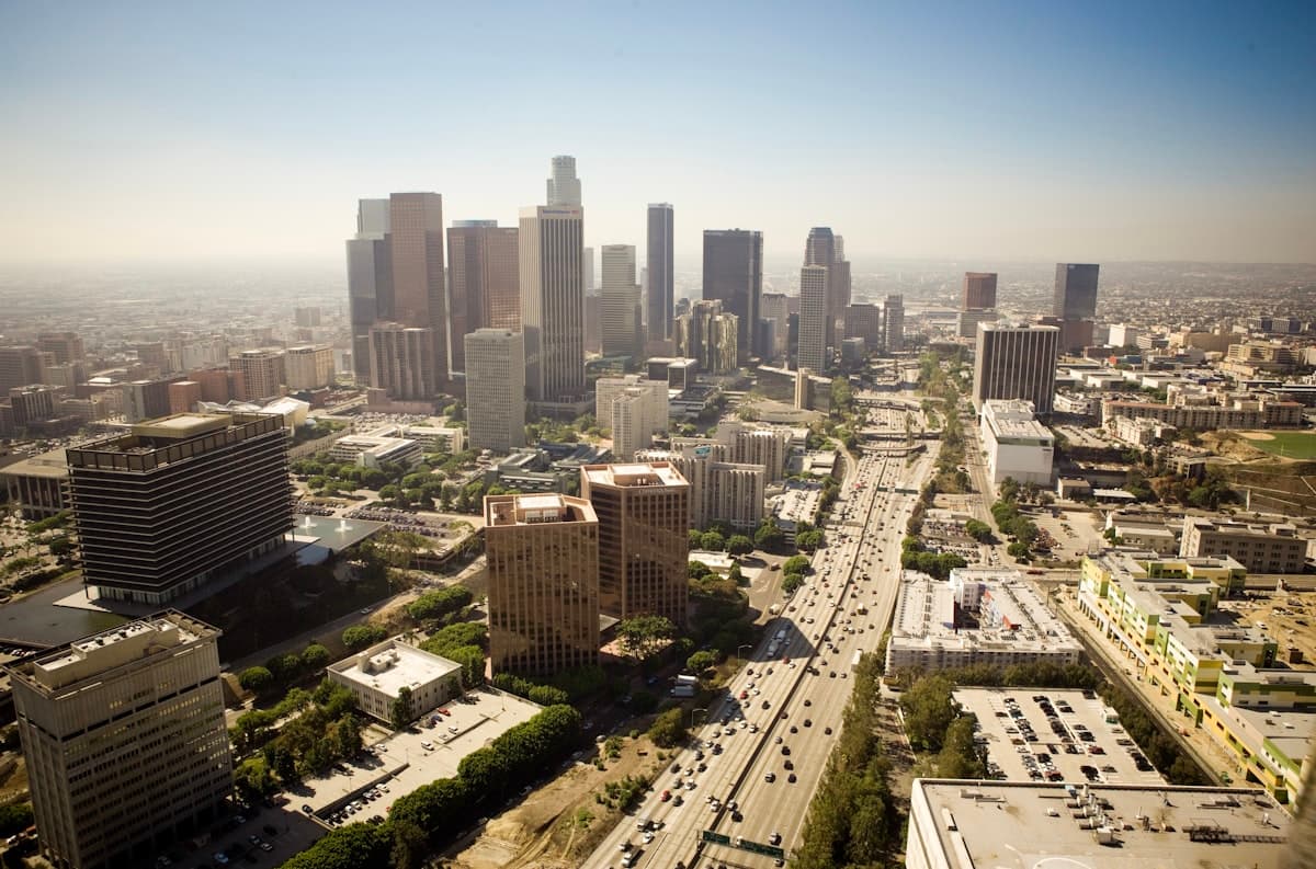 The 110 freeway running past the downtown Los Angeles skyline