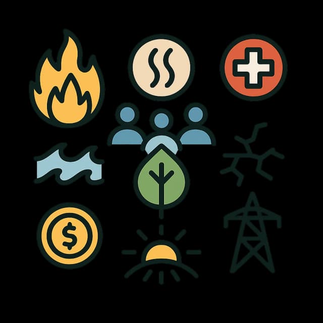 Multi-hazard icons: fire, heat, medical, flood, people, tree, energy, money, drought
